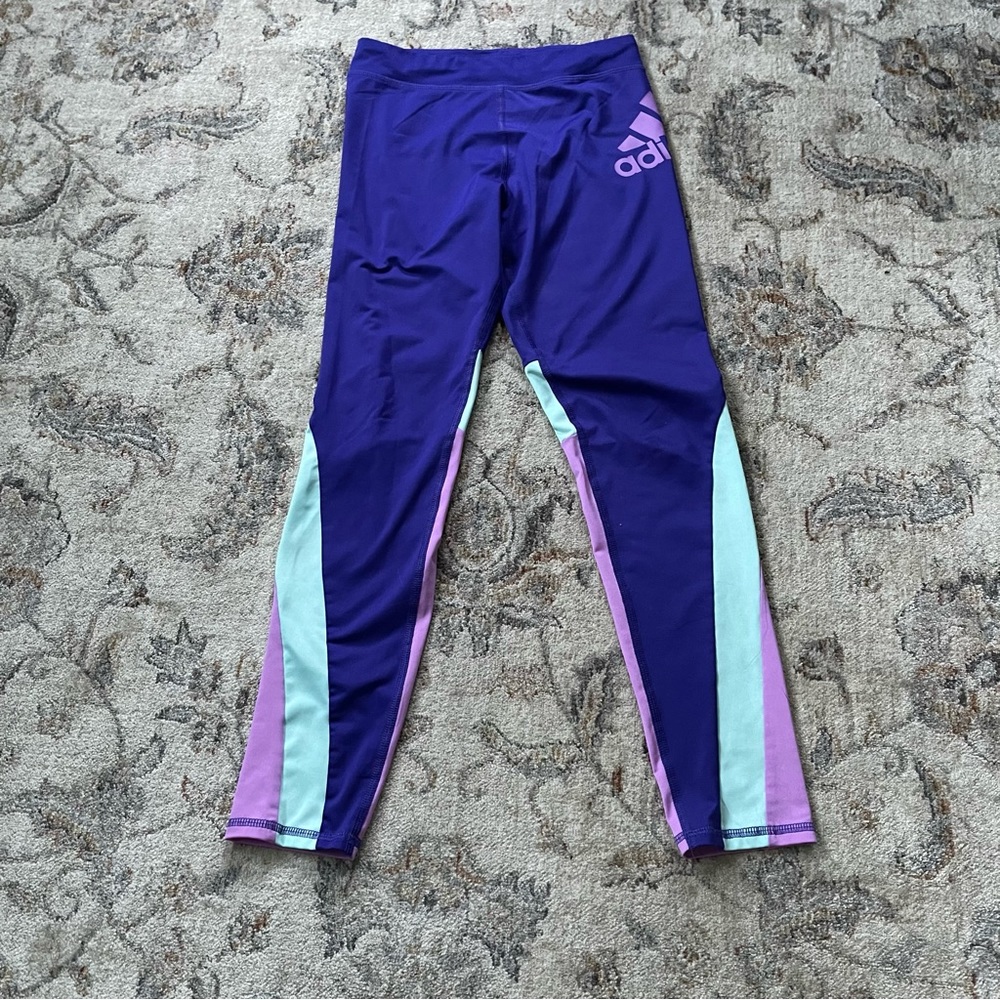 Adidas Leggings Girls Size 10/12 Purple Aqua Green Logo